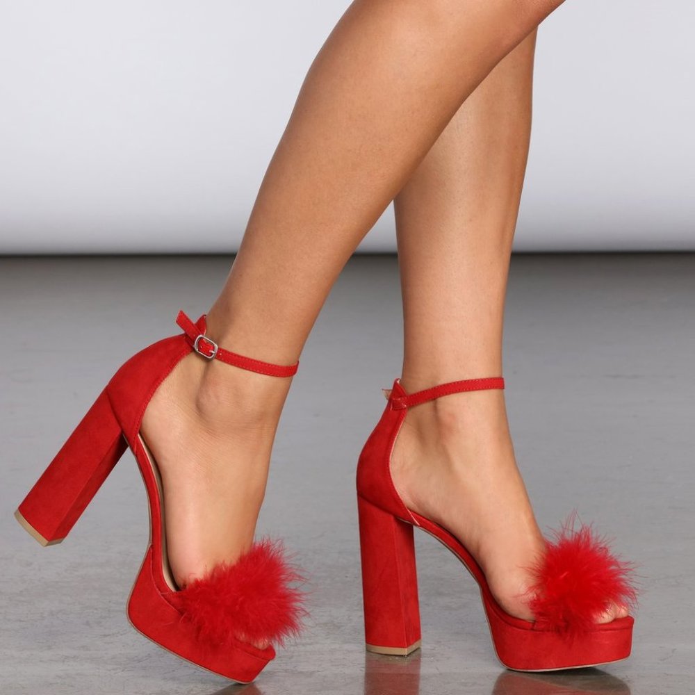 Faux Fur Red Platform Heels